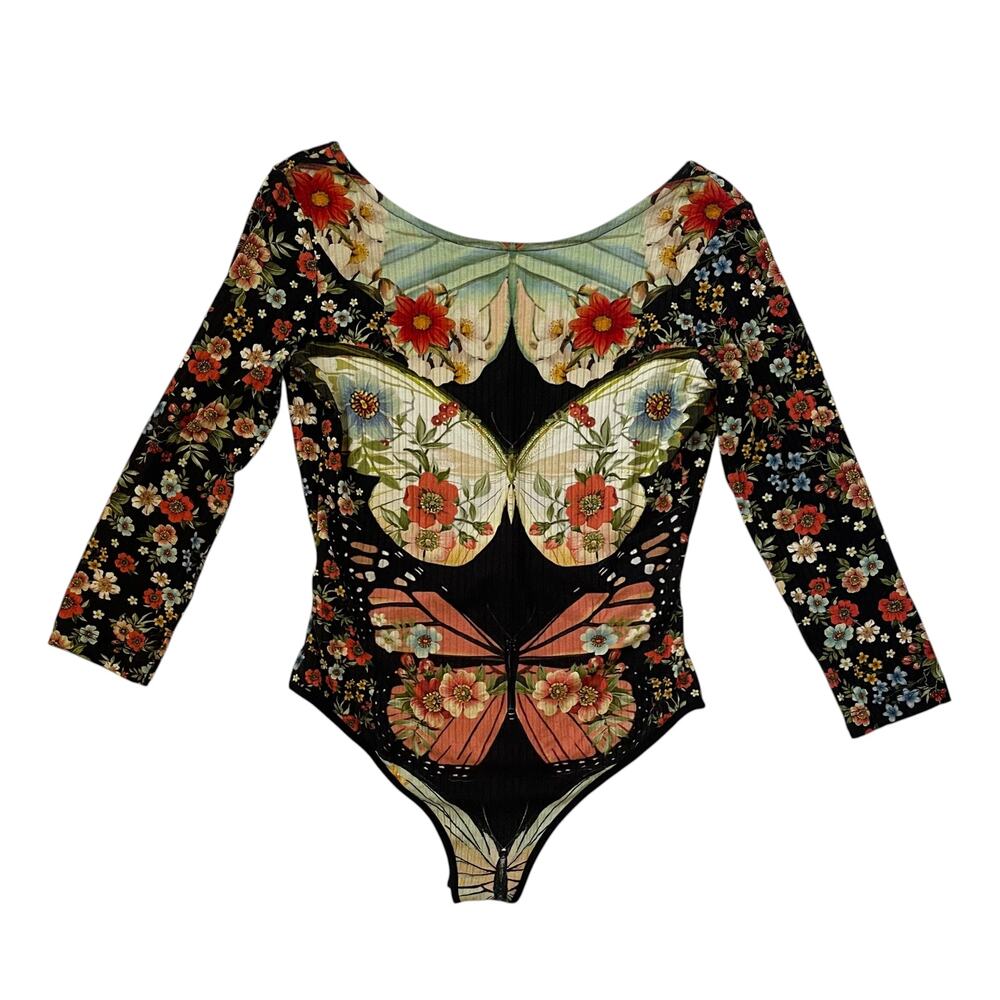**RARE** FARM RIO Butterfly Bodysuit - Black - Multicolor Florals - Size P - XS
